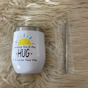 Thermal white coffee on the go mug cup with reusable straw sending you a hug mug